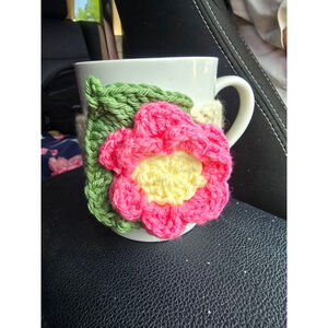 Handmade crochet flower Mug Cozy Pink and Green